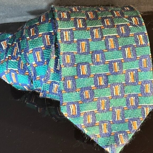 Emanuel Ungaro Silk TGreen Squares Modernist Mans EuC Festive Lush Vintage - Picture 1 of 4